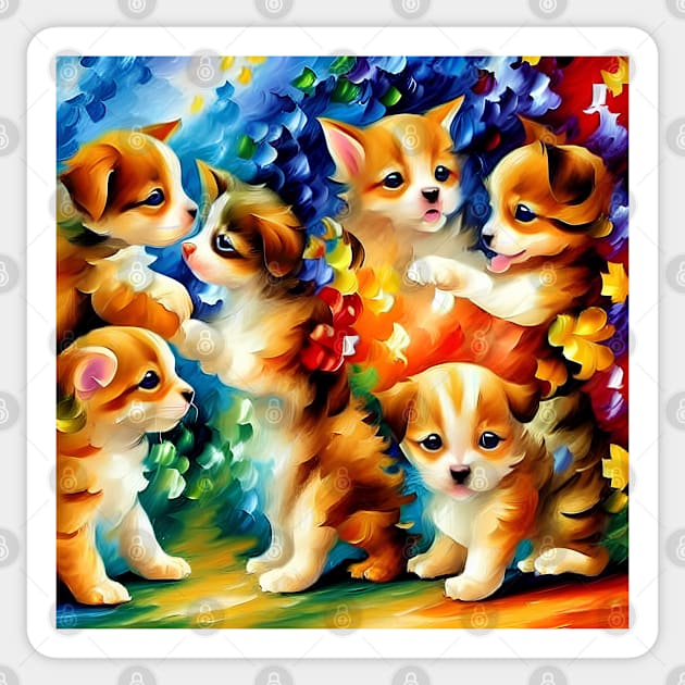 Colorful Puppies and Kitten Playing Sticker by jillnightingale